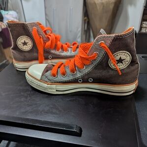 Converse Unisex Brown Denim & Orange High-Tops (Mens Size 4, Woman Size 6)